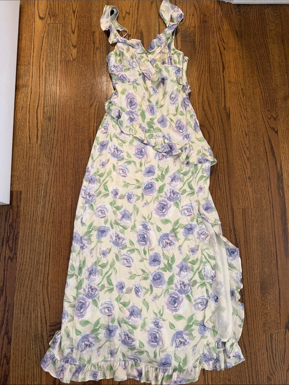 Astr Floral Ruffle Maxi Dress in Lavender and Green